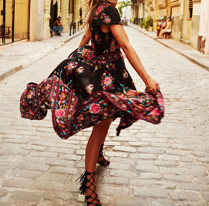 R.Vivimos Women's Summer Vintage Floral Print Deep V Neck High Low Long Dresses (XL,Black) - Image 3